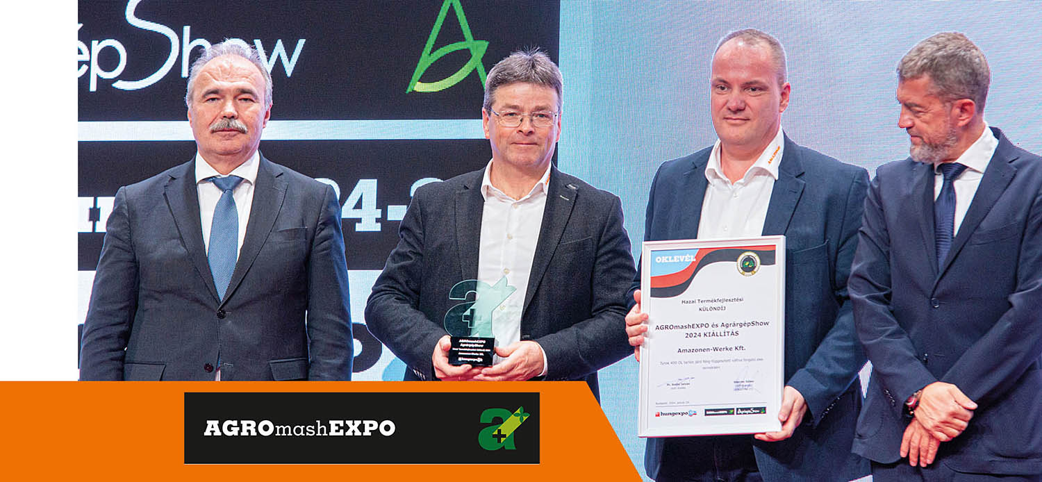 Lors de la remise des prix, depuis la gauche : Istvan Nagy (ministre de l’agriculture de Hongrie), Josef Hirtler (AMAZONE responsable Export), Tamas Kovacs (gérant AMAZONE Kft.) et Gábor Ganczer (CEO du salon HUNGEXPO Hongrie).  agromash-1