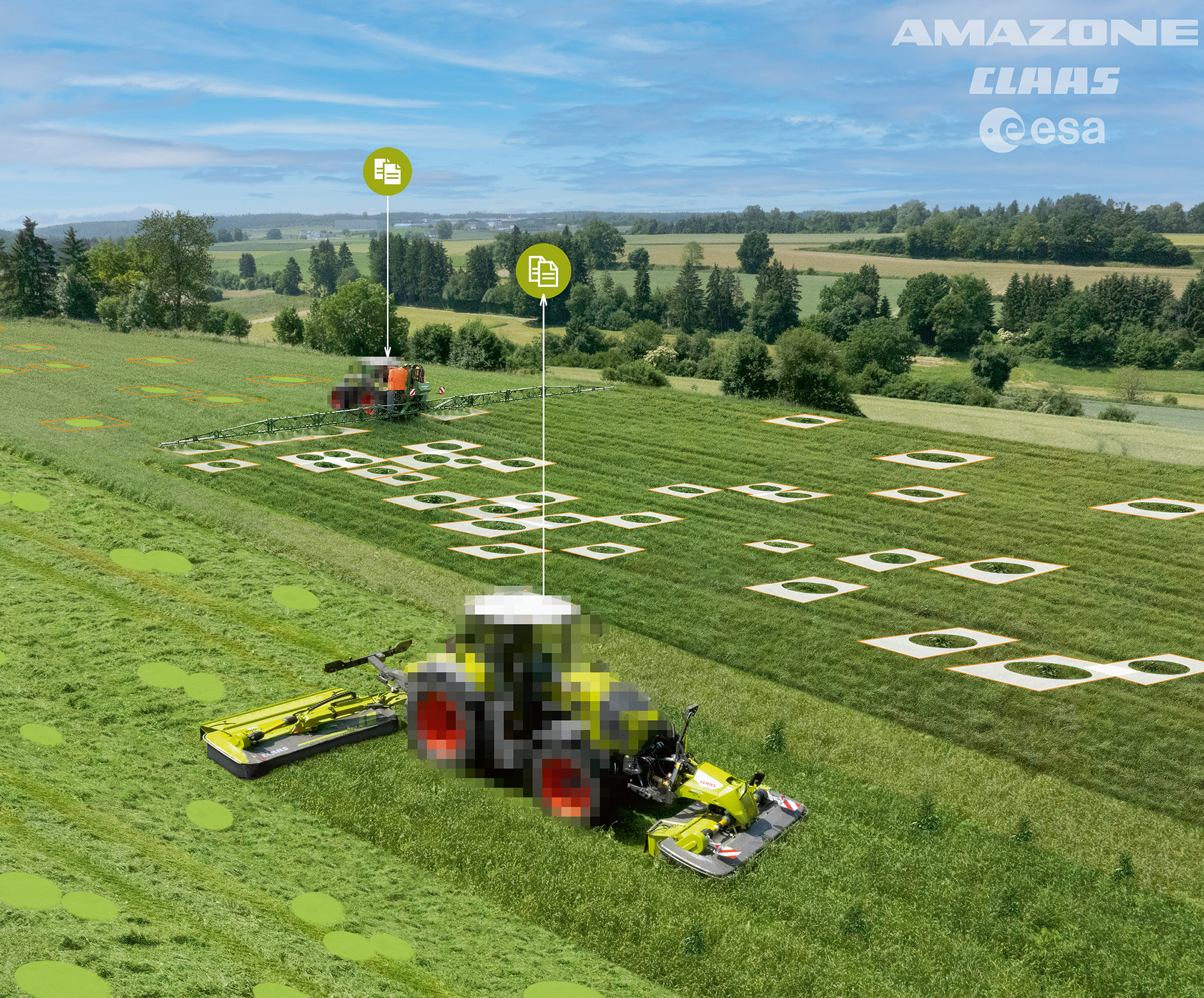Verfahrensüberblick; Erkennung der Ampferpflanzen beim Mähen sowie Erstellen der Befallskarten (CLAAS); Optimieren der Karte sowie Behandeln der Ampferpflanzen zeitversetzt mit der Spritze (AMAZONE). (© AMAZONE: Leitbild verpixelt d1_280818_GO.jpg) Teaser Spotapplikation mit dem Claas WeedDetector