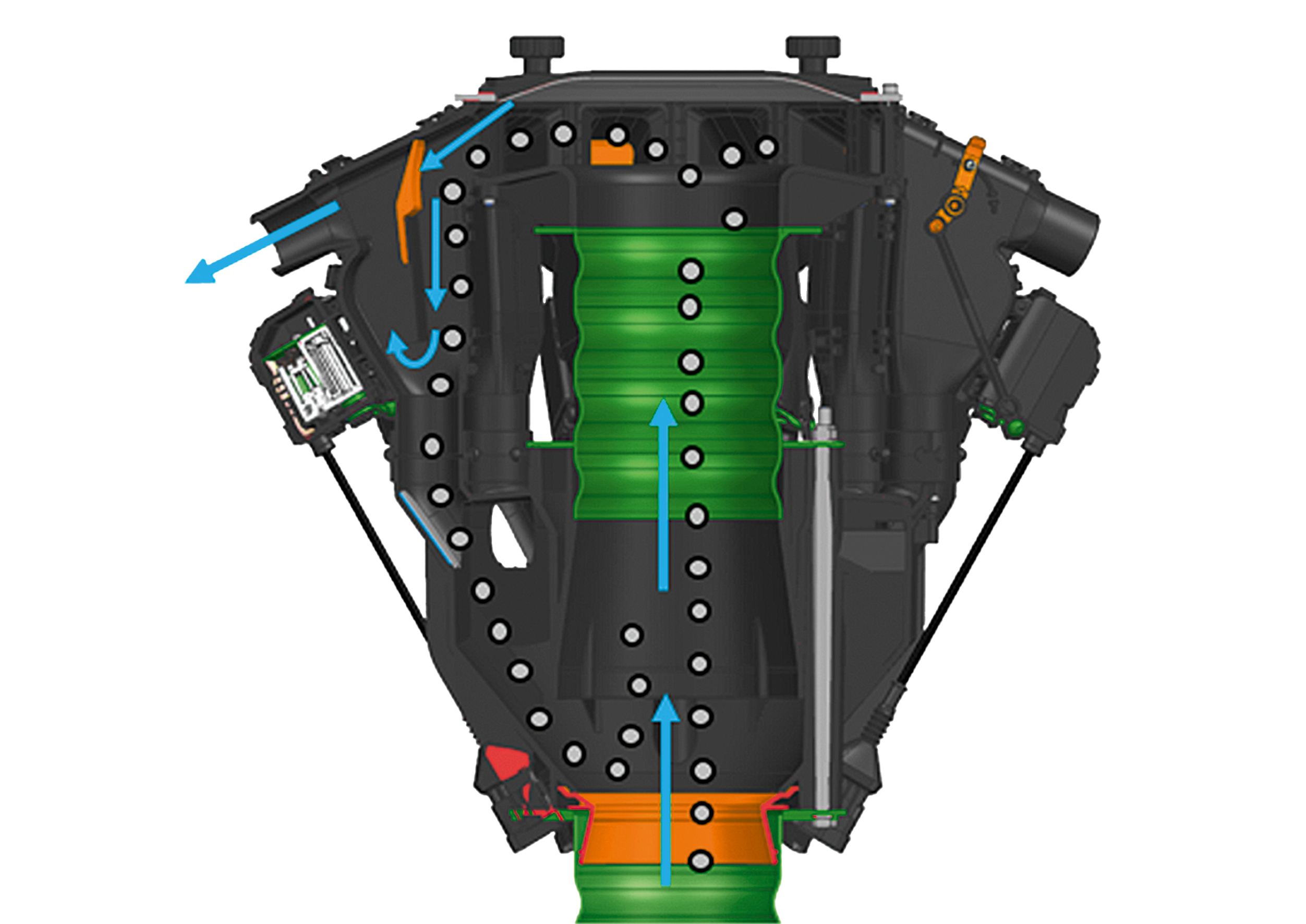 Cabezal distribuidor de segmentos con recirculación de abono para la desconexión rápida y precisa del abono (© AMAZONE: Precea_Verteilierkopf_Einzelreihenschaltung_Duenger_Darstellung_d1_250814_frei_GO.jpg) Segmentverteilerkopf mit Düngerrückführung für die exakte, schnelle Abschaltung des Düngers