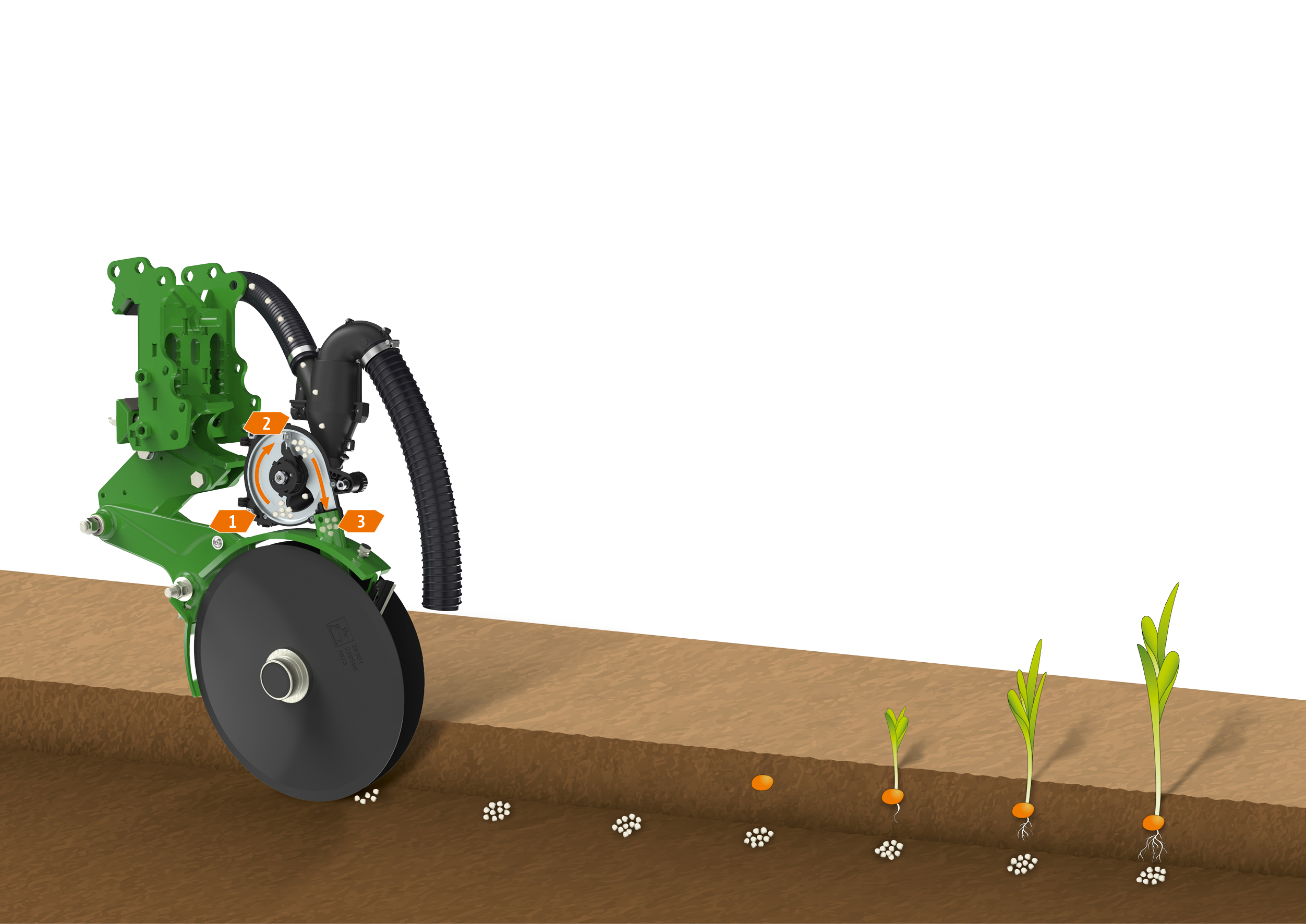 Illustration of FerTeC twin HD fertiliser coulter with coupled overload protection and FertiSpot (© AMAZONE: FertiSpot_Precea_d1_250819_GO.jpg) Darstellung FerTeC twin HD-Düngerschar mit gekoppelter Überlastsicherung und FertiSpot-Ausstattung