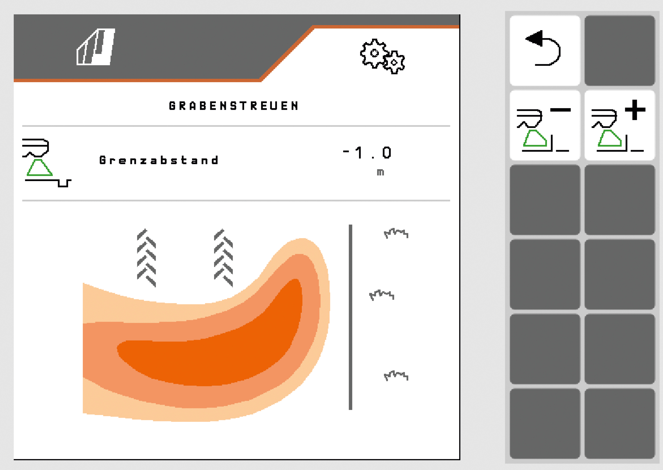 Réglage intuitif et variable de l'épandage en bordure. Saisir simplement la valeur souhaitée et démarrer. (© AMAZONE : Screenshot_Amatron4_ZA-TS_Ultra_Einstellungen_Grabenstreuen_d1_250822_GO.jpg) Intuitive und variable