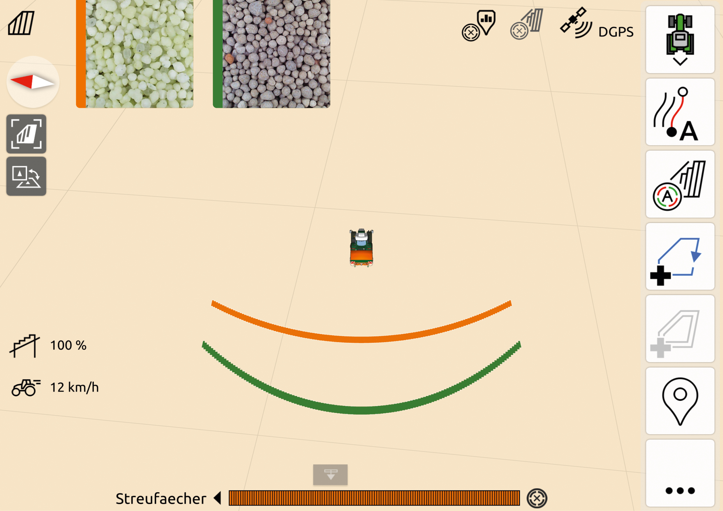 Chaque engrais présente des caractéristiques individuelles qui influent sur les réglages. Par exemple, la forme et la position de Section Control dépendent de la portée spécifique de l’engrais. (© AMAZONE : SectionControl_d1_240724_GO_de.jpg) Jeder Dünger hat individuelle Eigenschaften,
