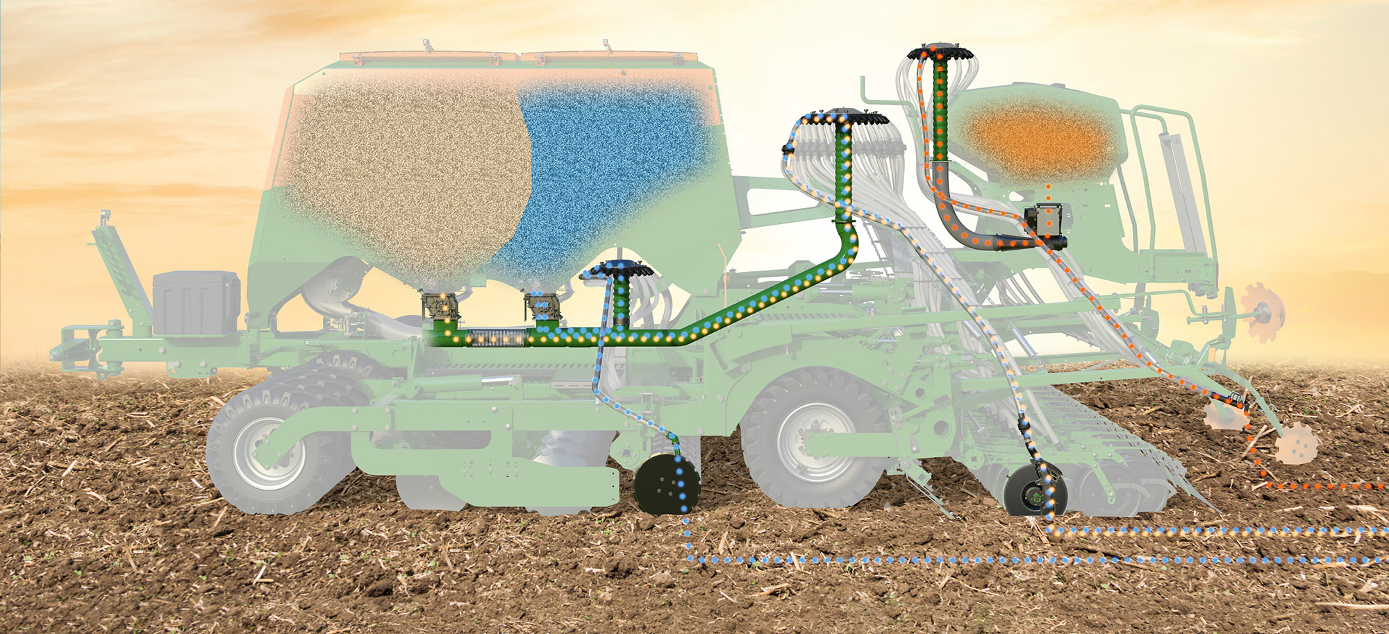Hopper and distribution concept on a Cirrus trailed cultivator drill with triple-shoot (© AMAZONE: Saatfluss_Mutter_Cirrus_01b_d1_200529_erweitert_GO.jpg) Behälter- und Verteilerkonzept an einer Anhängesäkombination Cirrus, Triple-Shoot
