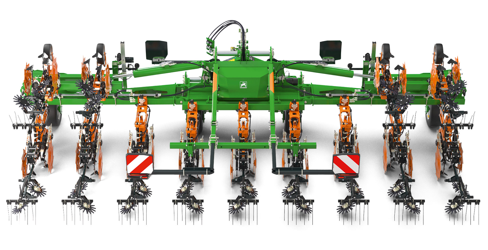 En repliant le bras extérieur, la largeur de travail de la Venterra VR 4 passe d’une largeur de travail de 9 m à une largeur de travail de 6 m (© AMAZONE : VENTERRA VR4_9m_12x75_S1500_aussen_geklappt_hinten_A180_N30_P50.891_d1_250821_GO.jpg) Durch das Einklappen der äußeren Ausleger kann die Arbeitsbreite der Venterra VR 4 von 9 m Arbeitsbreite auf 6 m Arbeitsbreite reduziert werden
