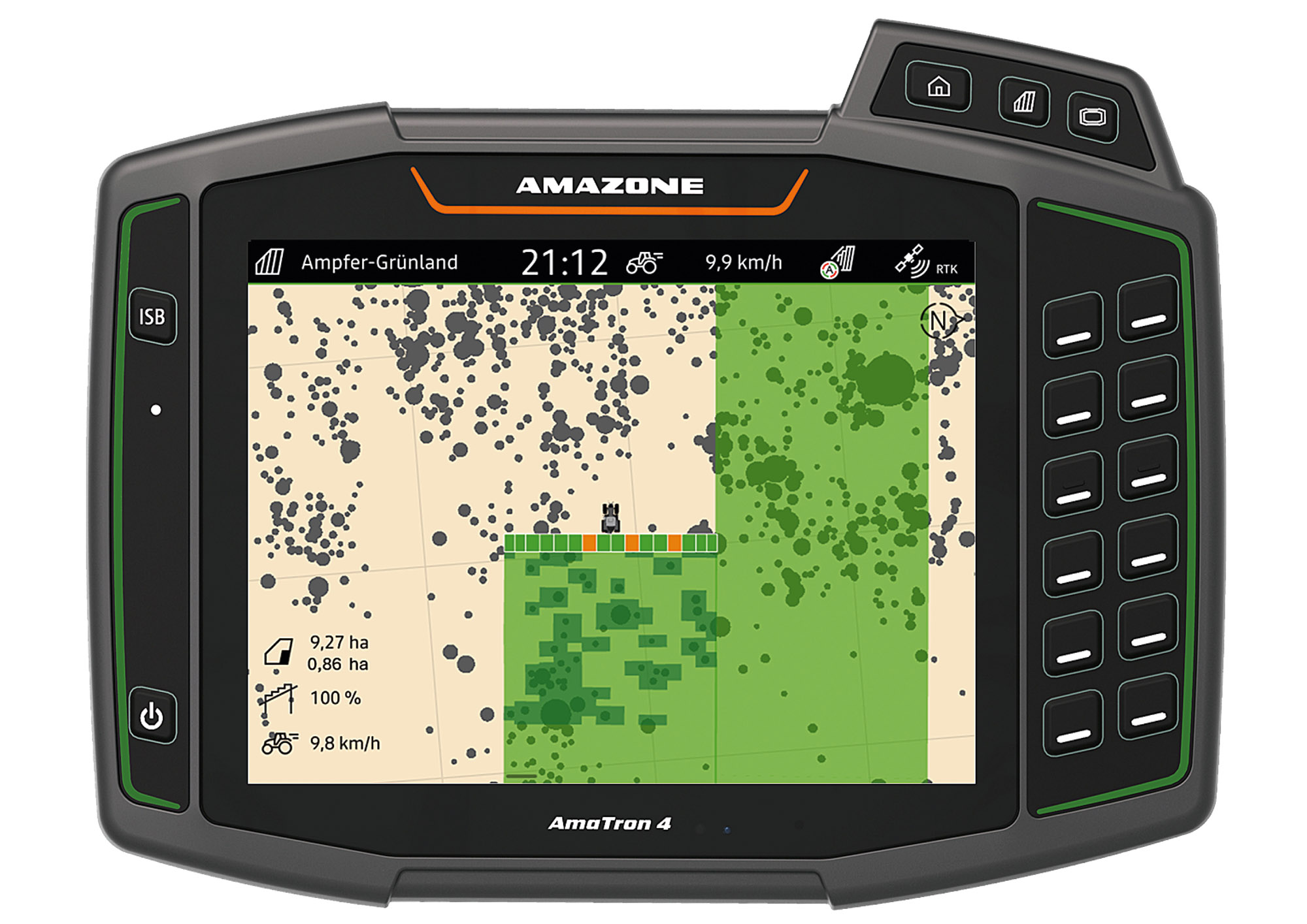 AmaTron 4 during the spot spray treatment of dock plants. Additional representation of the treated area (0.86 ha). (© AMAZONE: AmaTron 4 mit Spotapplikation d1_250818_GO.jpg) AmaTron 4 während der Spotspray-Behandlung der Ampferpflanzen. Zusätzliche Darstellung der behandelten Fläche (0,86 ha).